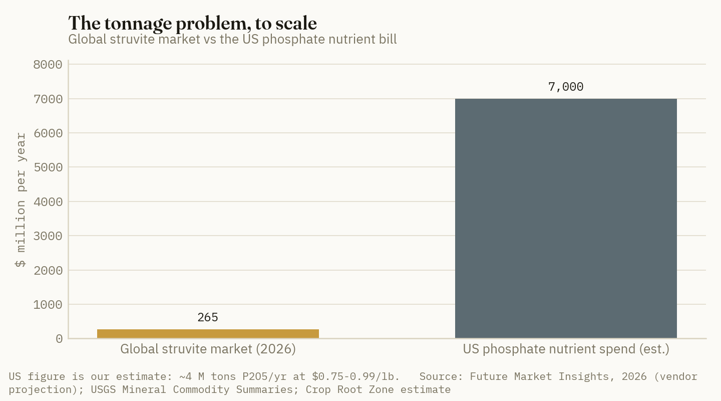The tonnage problem, to scale. The entire global struvite market at $265M against an estimated $7bn annual US phosphate nutrient bill.