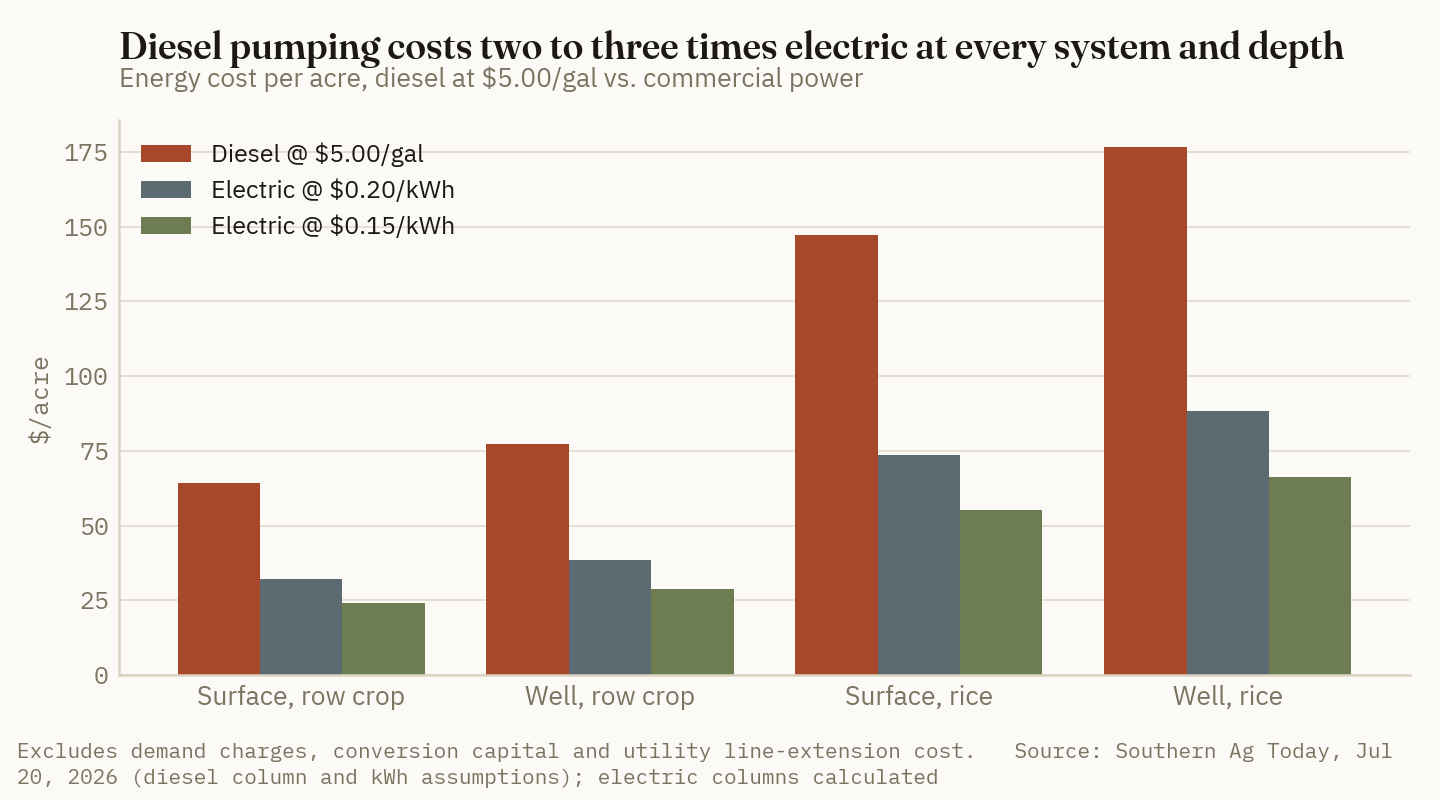 Electric pumping costs a fraction of diesel at every system and depth, with the gap widest on well-irrigated rice.